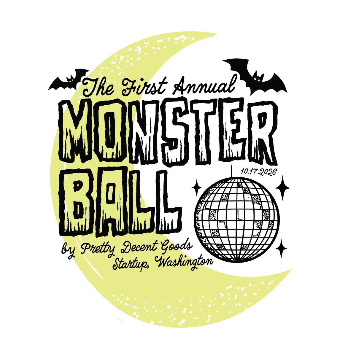 Monster Ball 2026 Halloween prom event artwork with crescent moon, bats, and disco ball
