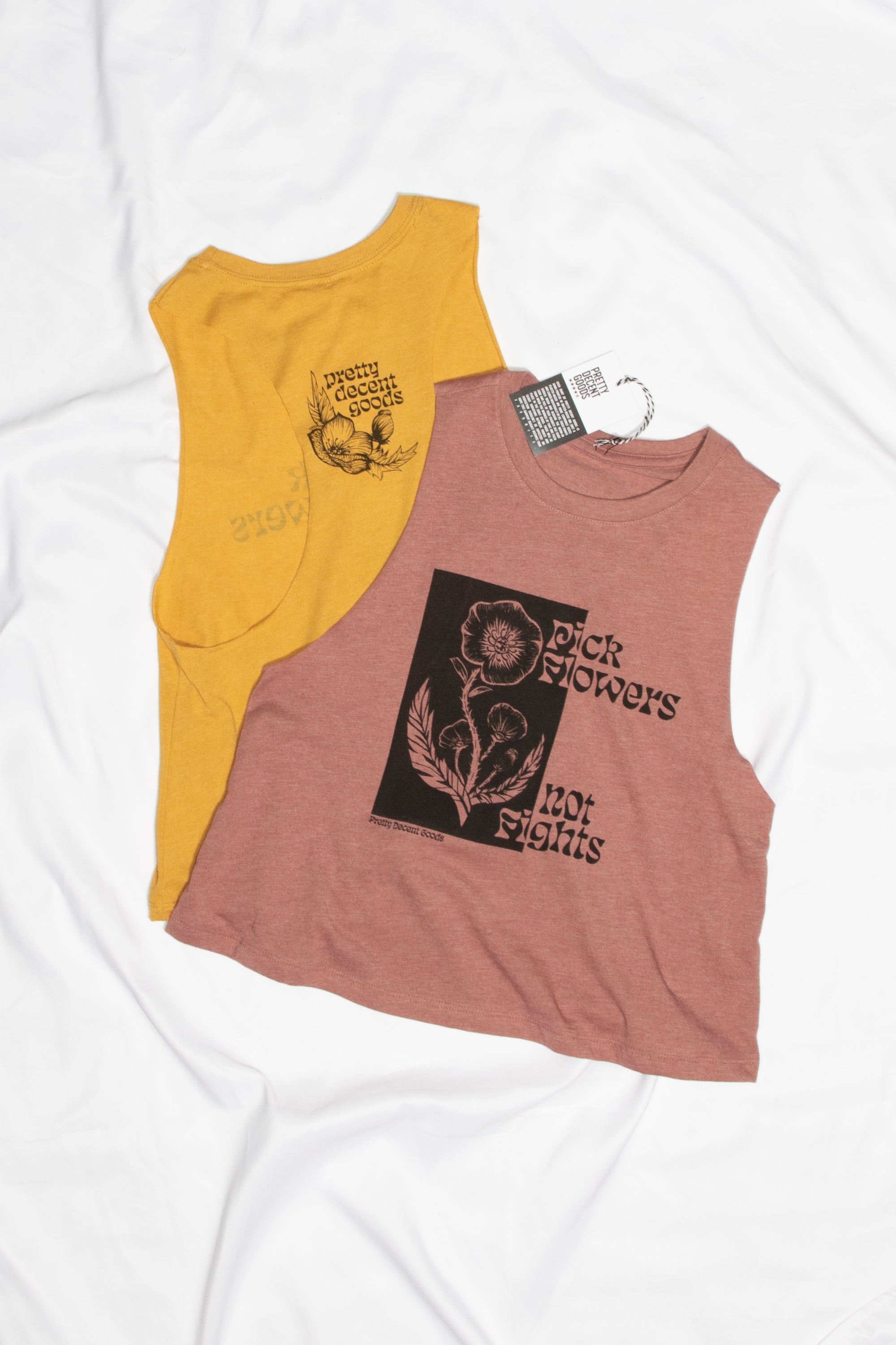 PDGoods Originals - Pick Flowers Not Fights - Cropped Racerback Tank - Heather Mustard