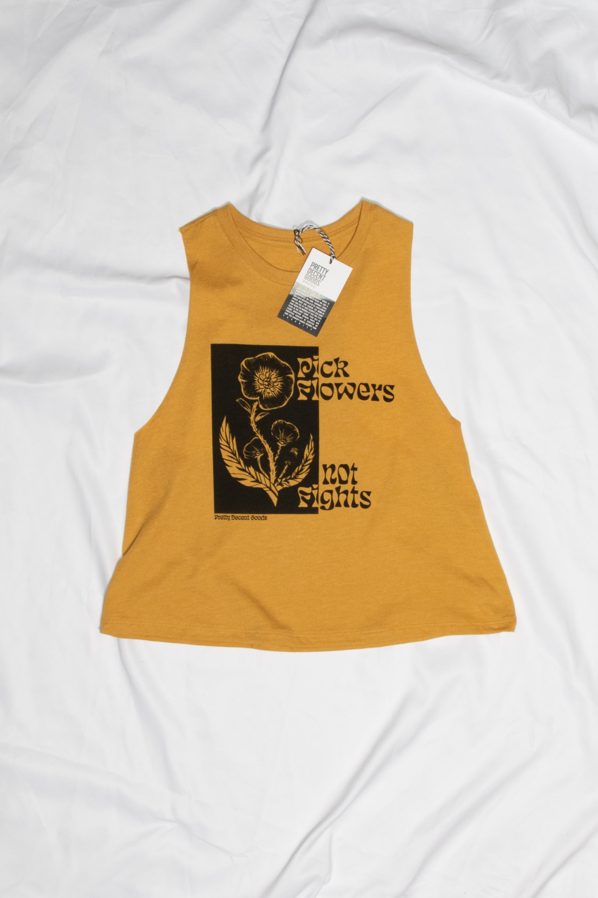 PDGoods Originals - Pick Flowers Not Fights - Cropped Racerback Tank - Heather Mustard