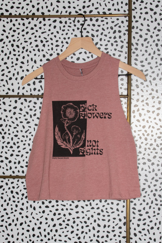 RETIRING | Pick Flowers Not Fights - Cropped Racerback Tank - Heather Mauve